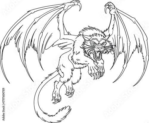 Detailed line art of a fierce winged dragon creature in dynamic pose