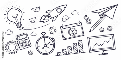 Minimal sketch-style business icons including rocket launch, charts, target, email, clock, pencil, gears, calendar, analytics screen, and paper plane. Clean vector doodle set for startup and workflow 