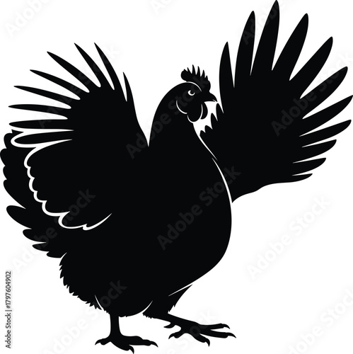 Black silhouette of a chicken with wings spread wide on white background bird fowl