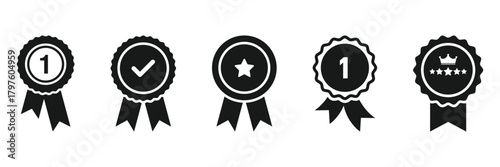 Badge with ribbon icon set, approved or verified medal icon. Certified badge. Circular ribbon medal icon, vector illustration. EPS 10