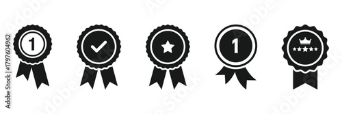 Award medal icon set. Winner or victory badge medal. Contains approved, verified, certified, star, achievement, and first medal. Vector illustration