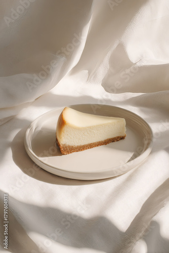 A slice of delicious spanish cheescake on plate, AI generated