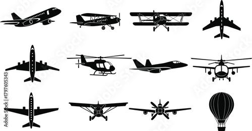 PrintCollection of aircraft silhouettes including airplanes, helicopters, jets, biplanes, and hot air balloon, aviation transport icons for travel, flight design