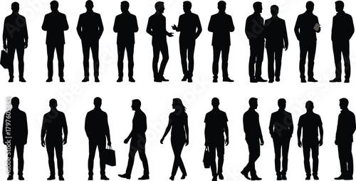 PrintBusiness people silhouettes standing, walking, interacting in various poses, modern corporate teamwork concept, professional group figures on white background, vector style illustration