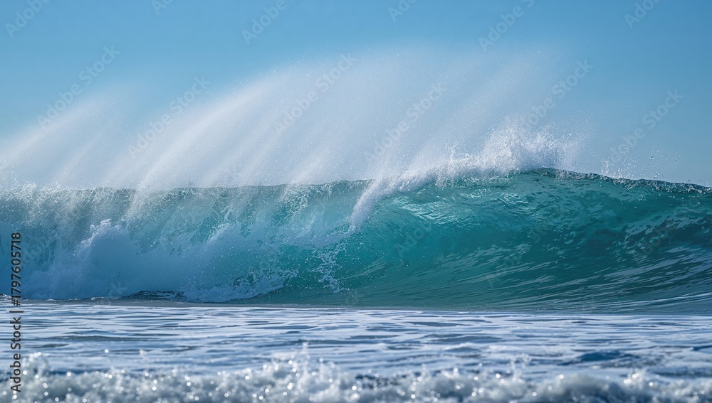 Fototapeta premium A vibrant ocean waves crash gently against the shore, creating a serene backdrop for relaxation