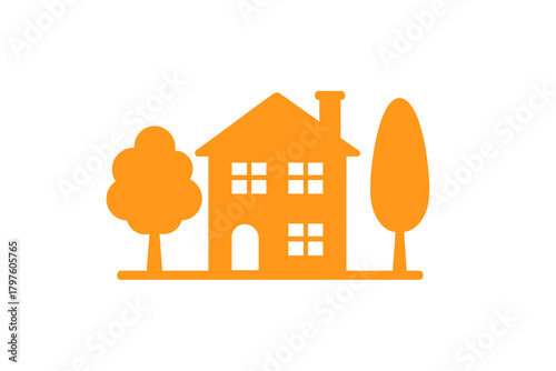 Minimalist orange silhouette of a residential house with chimney and surrounding trees