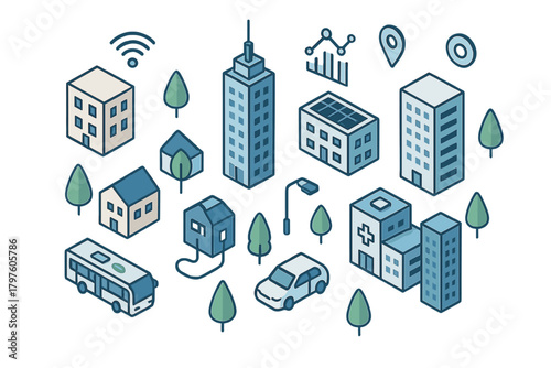 Isometric city elements including modern buildings, public transport, infrastructure, and smart technology icons