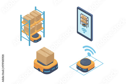 Automated warehouse logistics system with autonomous mobile robots moving inventory and connected devices