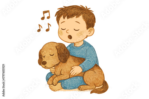 Sweet young boy sitting cross-legged and gently singing a lullaby to his beloved sleeping brown dog