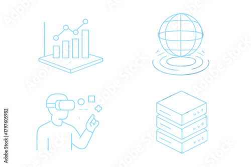 Isometric line icons set featuring data analysis, global network, virtual reality, and server storage concepts