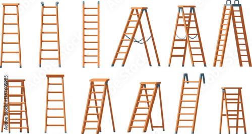 Set of twelve illustrated ladders in various styles including step, straight, and folding designs with wooden frames and metal accents