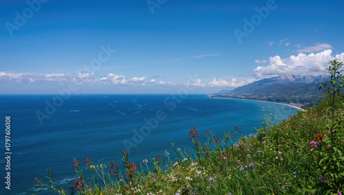 Fototapeta Naklejka Na Ścianę i Meble -  Sea meeting mountains, showcasing the interplay of natural landscapes, seasonal change