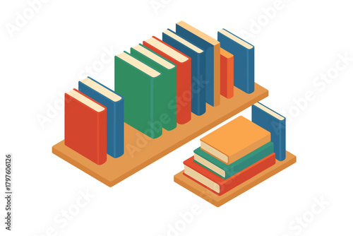 Isometric wooden shelf filled with brightly colored books representing education and knowledge
