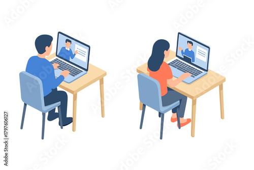 Man and woman sitting at desks watching an online video lecture on laptops