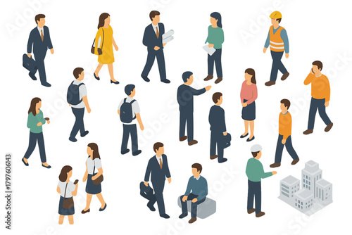 Isometric crowd of diverse people walking and interacting in a modern urban setting