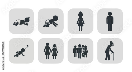 Illustrative depiction of human life stages, from infancy to old age, in simple icon form.
