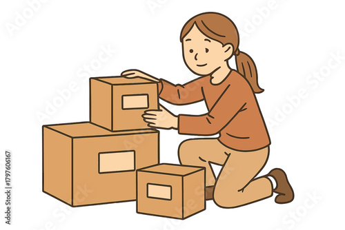 Happy woman kneeling while carefully stacking and arranging brown cardboard moving boxes