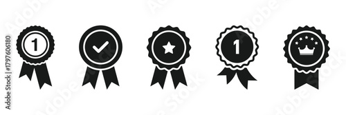 Approved or certified medal icon. Approval check symbol. Winning award, prize, medal or badge. Award medal icon set. Winner or victory badge medal.