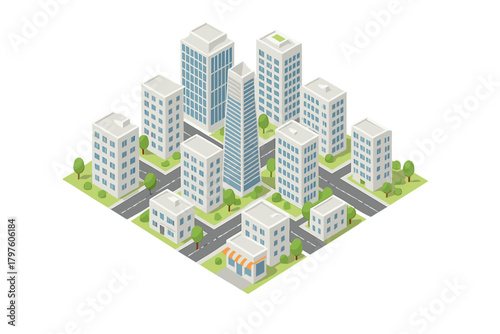 Modern urban landscape with high-rise skyscrapers and residential buildings in isometric view