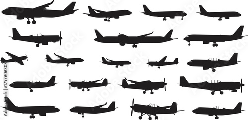 PrintCollection of diverse airplane silhouettes featuring jet aircraft, propeller planes, aviation elements, transport icons, black vector graphics for design and illustration projects