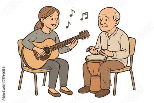 Young woman and elderly man playing acoustic guitar and hand drum together
