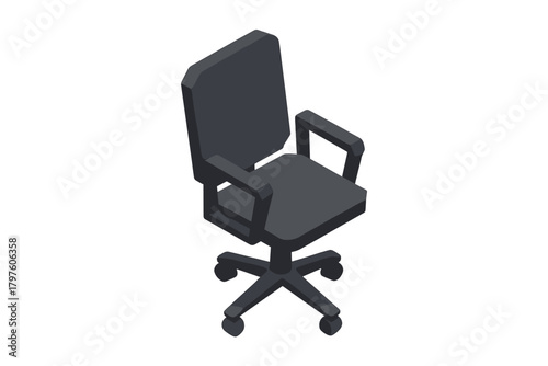 Minimalist dark gray chair with wheels and armrests in isometric perspective