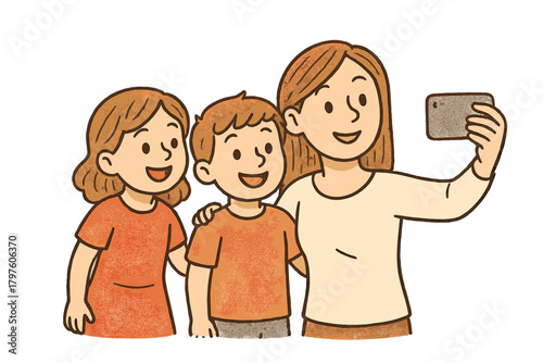 Smiling family portrait of a mother, daughter, and son taking a picture with a smartphone