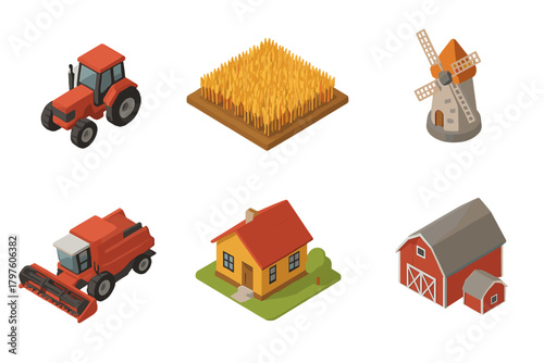 Isometric farm set featuring agricultural machinery, buildings, crops, tractor, combine, barn, and windmill elements