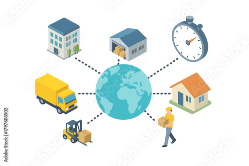 Global logistics and delivery network connecting warehouse, transportation, and residential points
