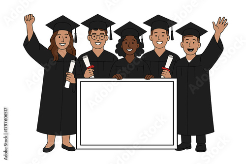Diverse university graduates celebrating success with diplomas and blank sign banner