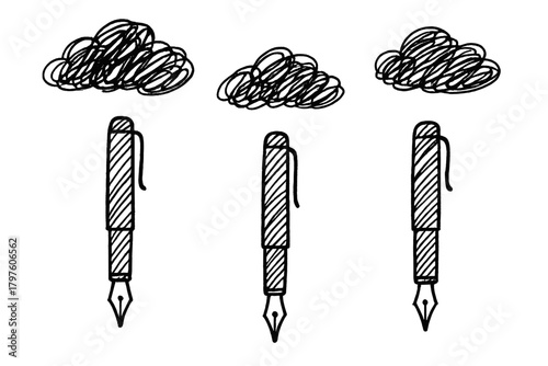 Set of three doodle style fountain pens and messy scribble clouds in black and white sketch