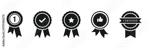 Award medal icon set. Winner or victory badge medal. Contains approved, verified, certified, star, achievement, and first medal. Vector illustration on white background