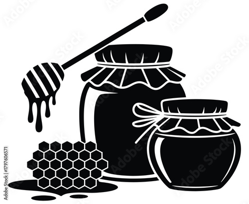 honey jars, honeycomb textures, and a classic honey dipper, creating a vintage-style composition perfect for packaging design, print artwork, and natural product branding.