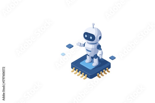 Cute isometric robot character standing on a microchip symbolizing artificial intelligence and machine learning