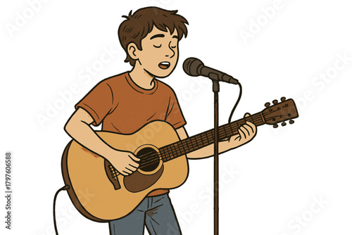 Young male musician singing and playing acoustic guitar live on stage against a white background