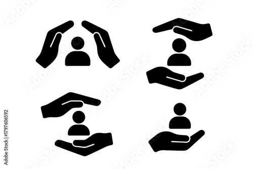 Human protection and safety symbols showing hands covering and supporting a person