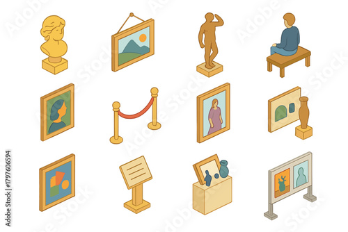 Isometric set of art gallery and museum objects like statues, paintings, barriers, and information boards