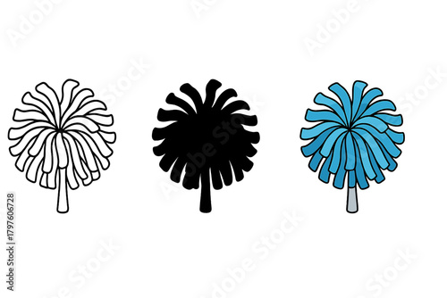 Collection of three pom-pom icons used for cheerleading and team sports