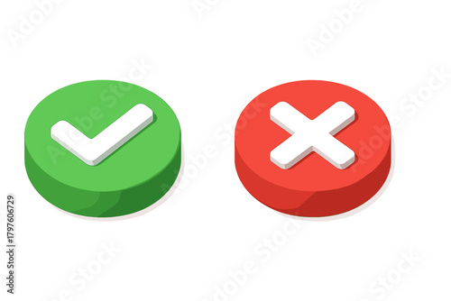 Isometric 3D style green checkmark button and red cross button for correct and incorrect choices