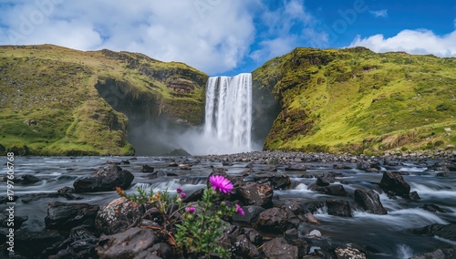 Waterfall cascading over ro...