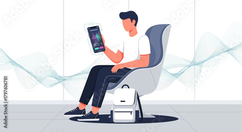 Modern man utilizing technology indoors, engaging with a waveform on his digital tablet