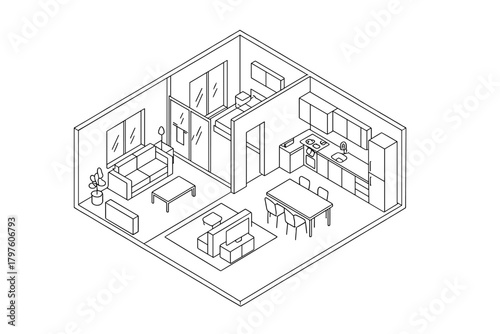 Black and white isometric view of a contemporary residential apartment layout design