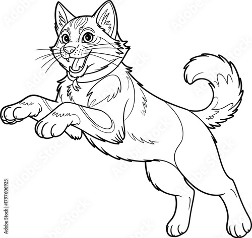 Energetic husky dog leaping with joyful expression in line art