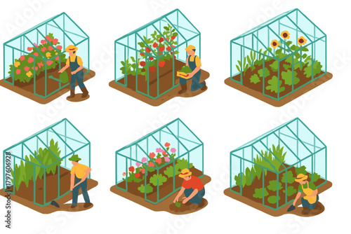 Isometric collection of greenhouses showing people planting, watering, and harvesting crops and flowers