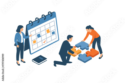 Corporate team collaborating on project management, scheduling tasks on a calendar, and solving strategic challenges using puzzle pieces