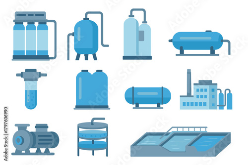 Industrial water purification and filtration equipment set including tanks, filters, pumps, and treatment plant