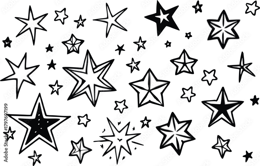 Obraz premium Hand drawn star doodles set isolated on white background