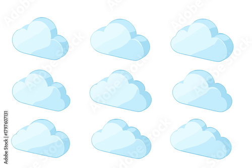 Seamless pattern of blue isometric cloud icons for data storage and weather concepts
