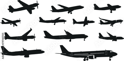 PrintCollection of various airplane silhouettes showing commercial jets, propeller aircraft, aviation transport icons, black vector airplane graphics for design and illustration projects