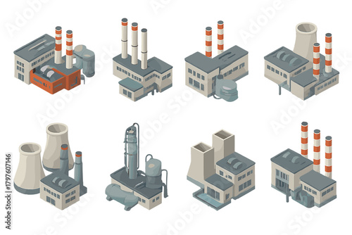 Isometric icons of industrial complex buildings, manufacturing plants, and energy facilities